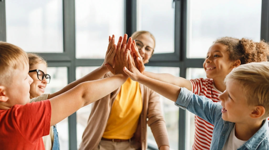 Kind und Schulbegleiterin im Gespräch, lachend in einem Schulflur, symbolisiert Unterstützung und Freude im Schulalltag.