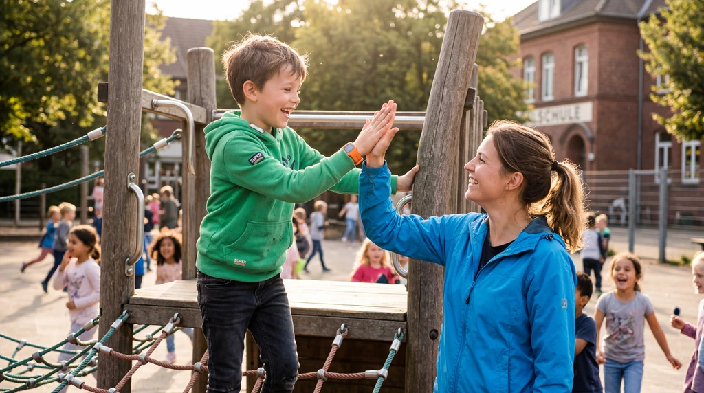 Eine einfühlsame Schulbegleiterin von Hand in Hand unterstützt ein Kind beim Lernen im Klassenraum in Hannover.